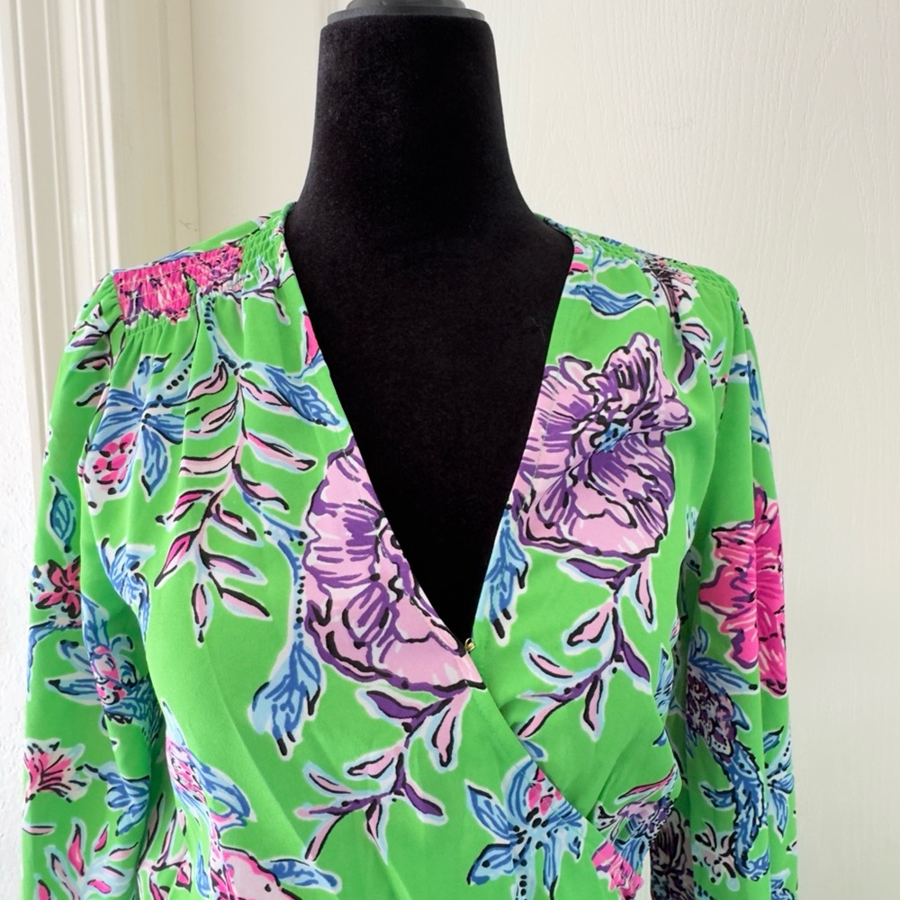 Lilly Pulitzer Cristiana Stretch Midi Dress Gecko Green Brewsters Blooms Sz 00 - Picture 2 of 16